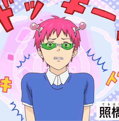 a cartoon character with pink hair and green glasses is surrounded by chinese characters