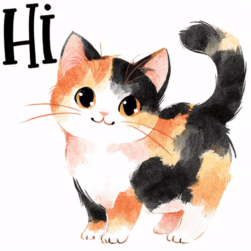 A watercolor calico kitten stands beside “Hi.”