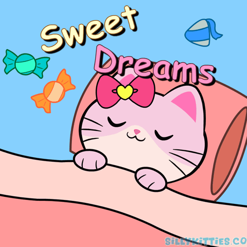 A pink cartoon cat sleeps under a blanket beside the words “Sweet Dreams.”