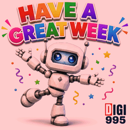 a cartoon robot is dancing in front of a sign that says have a great week