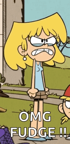 a cartoon character from the loud house is standing in front of a building and says omg fudge !