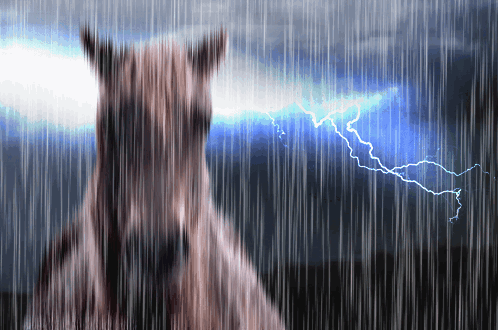 a horse standing in the rain with lightning behind it