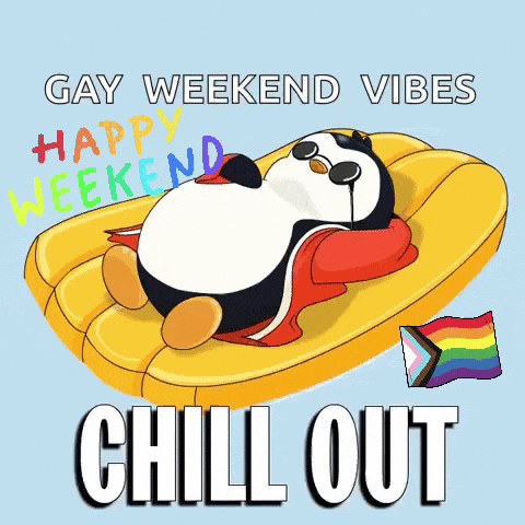 a penguin is laying on a yellow raft with the words gay weekend vibes chill out written below it
