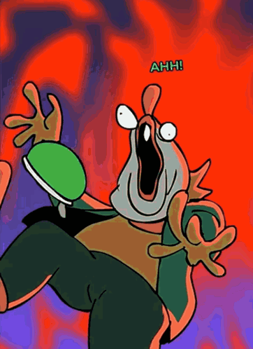 a cartoon character is holding a green object and says ahh on the bottom