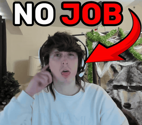 A young person points at a “NO JOB” caption and red arrow.