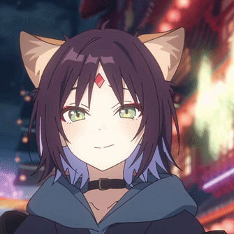 a close up of a girl with cat ears and a red diamond on her forehead