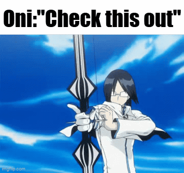 a man with glasses is holding a bow and arrow and says " oni " check this out