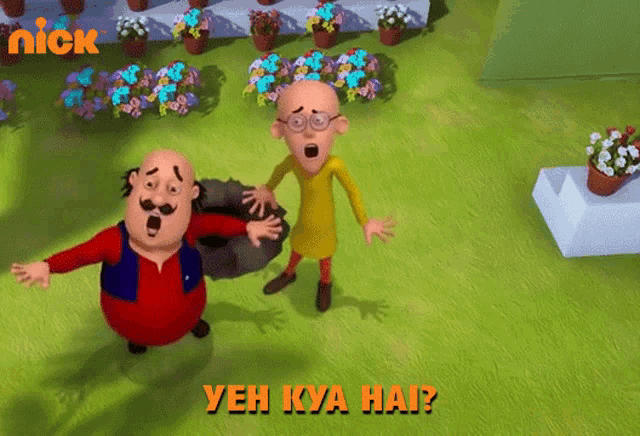 two cartoon characters standing next to each other and the words yeh kya hai