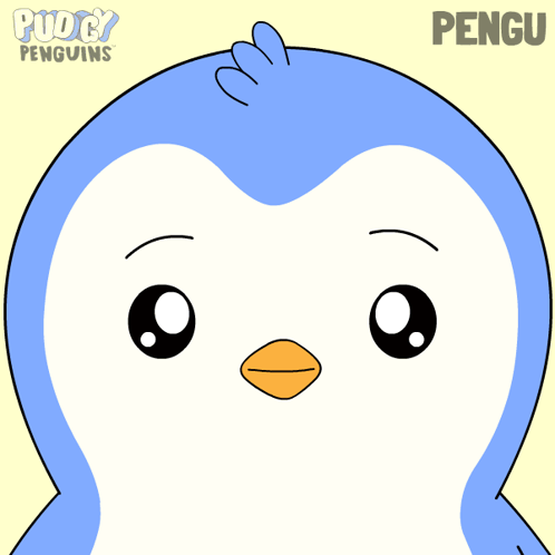 A cute blue-and-white penguin character looks forward on a pale background.