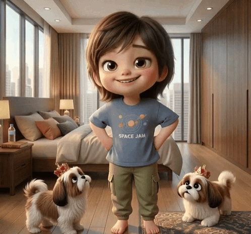 A stylized child stands with several small dogs in a living room, looking unsure.
