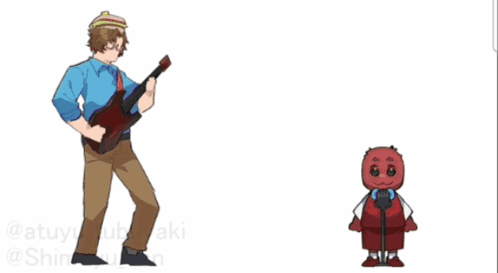 a cartoon of a man playing a guitar and a cartoon of a man playing drums .