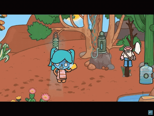 a cartoon drawing of a girl with blue hair and a bottle of water