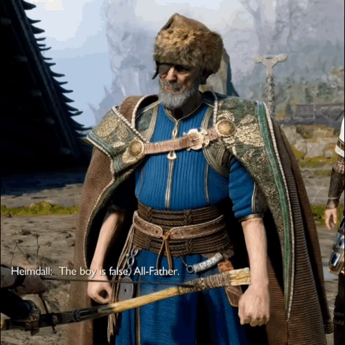 a man in a fur hat is talking to another man in a video game and says " the boy is false "