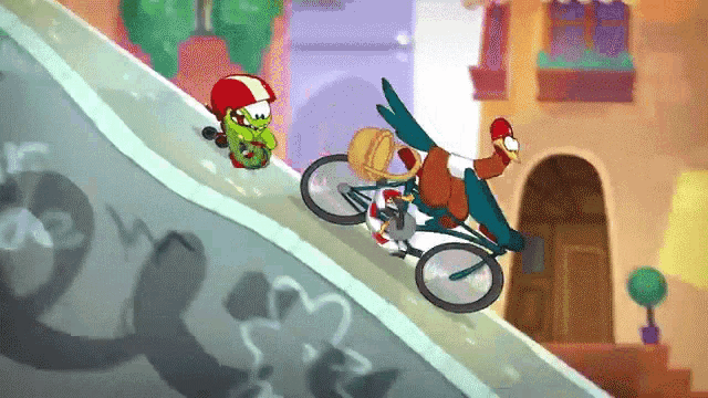a cartoon character is riding a bike on a hill