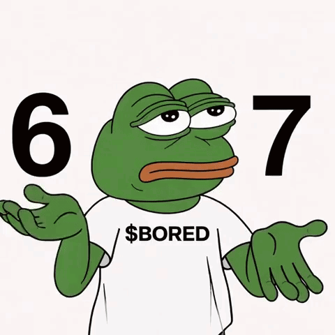 Pepe the Frog shrugs between a large 6 and 7 while wearing a “$BORED” shirt.