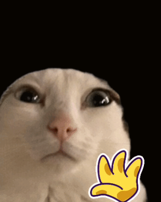 A close-up white cat stares at the camera beside a waving-hand emoji.