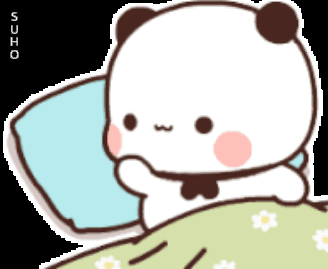 A white cartoon bear hugs a blue pillow while resting.
