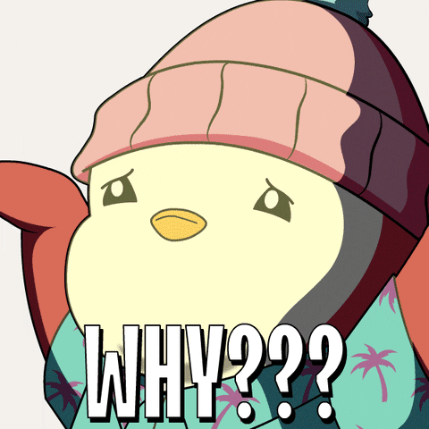 A crying penguin cartoon shouts “WHYYYY?” amid stylized lightning.