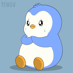 a cartoon penguin is crying and has the word pengu on the bottom right