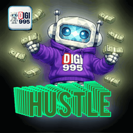 a robot wearing a purple digi 995 sweatshirt