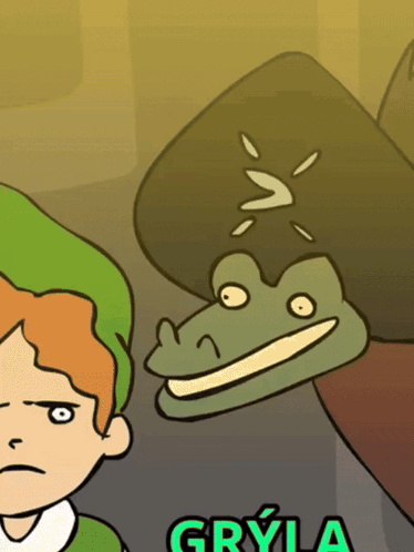 a cartoon of a boy and a frog with the word gryla on the bottom right