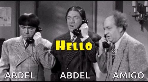 The Three Stooges hold telephones as yellow “HELLO” text appears.