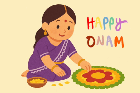 a cartoon drawing of a woman with the words happy onam