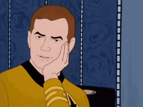 A Star Trek-style animated man rests his face in one hand, looking bored or doubtful.