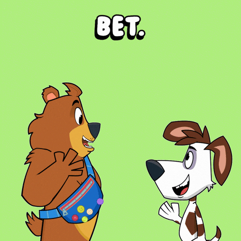a cartoon bear and a dog are standing next to each other and the word bet is above them