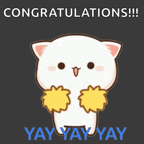 A cute white cartoon cat cheers with pom-poms under “CONGRATULATIONS!!! YAY YAY YAY.”