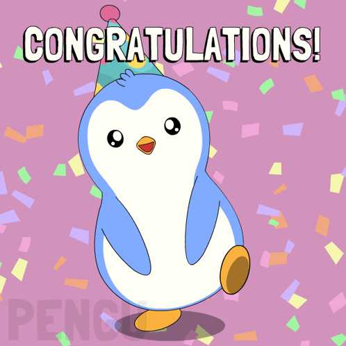 A blue cartoon penguin stands amid confetti under “CONGRATULATIONS!”
