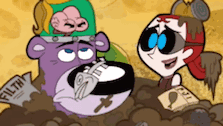a group of cartoon characters are standing in a pile of dirt and one of them is holding a tire .