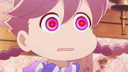 a close up of a cartoon character 's face with purple eyes