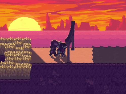 a pixel art of two people walking in front of a body of water