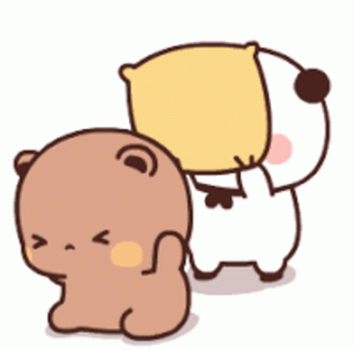 Bubu raises a pillow behind Dudu as if about to hit them.