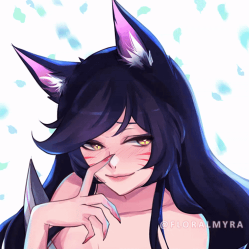 Ahri smiles coyly while touching her face in an anime-style illustration.