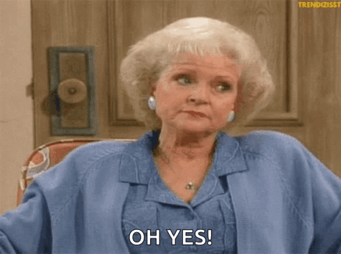 An elderly woman nods calmly with “OH YES!” text.