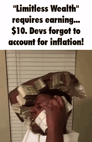 a man talking on a cell phone with a stack of money on his head
