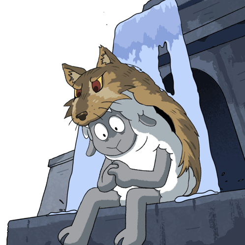 a cartoon drawing of a wolf and a sheep sitting next to each other