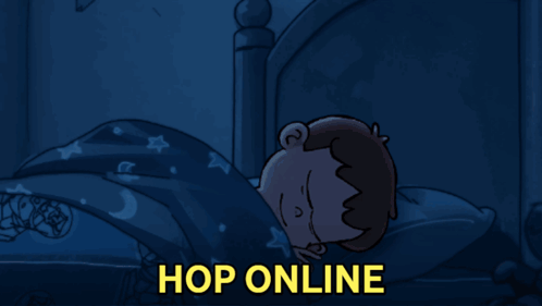 a cartoon of a monster in a bedroom with the words hop online below it