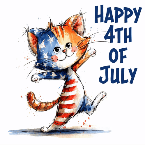 a happy 4th of july greeting card with a cat in an american flag outfit