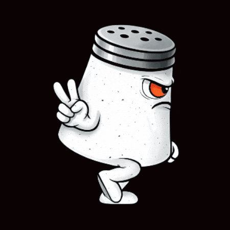 A cartoon salt shaker character flashes a peace sign.