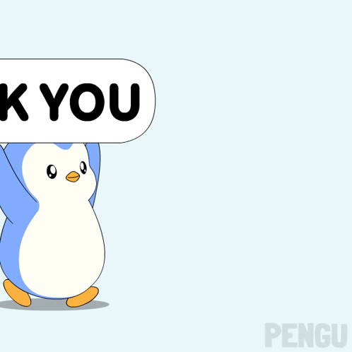 A blue penguin peeks from behind a speech bubble that reads “THANK YOU.”