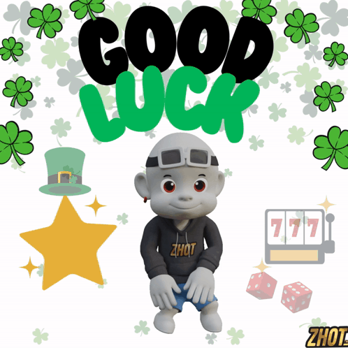 Mascot among clovers and lucky symbols says “GOOD LUCK.”
