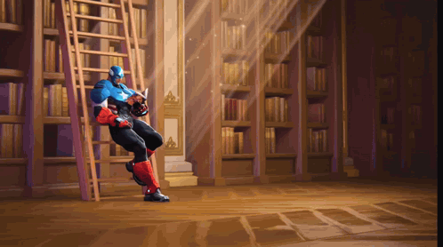 a cartoon of a superhero sitting on a ladder reading a book
