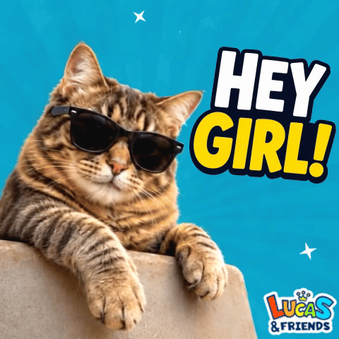 a cat wearing sunglasses is laying on a blue background that says " hey girl "