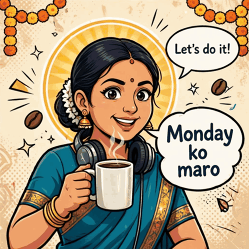 a cartoon of a woman holding a cup of coffee with a speech bubble saying let 's do it