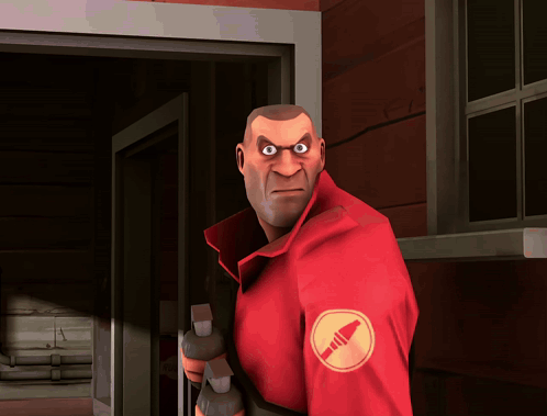 a cartoon character wearing a red jacket with a yellow patch on the sleeve