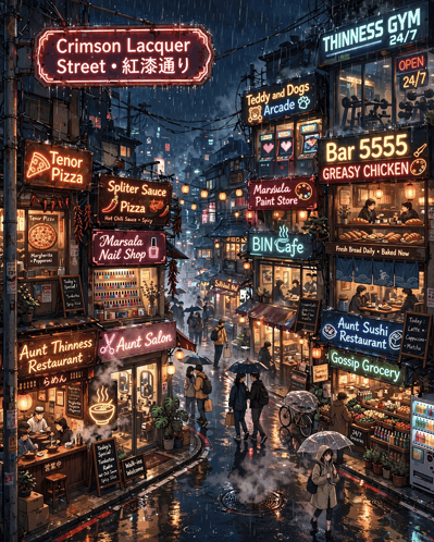 a painting of a city street with a sign that says ' crimson lacquer street '