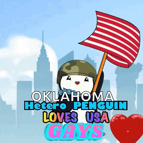 oklahoma hetero penguin loves usa gays poster with a penguin holding an american flag
